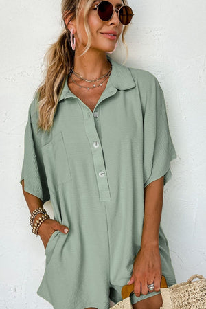 Sage oversized shirt romper with pockets and button front