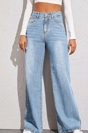 Sculpted palazzo jeans in dusty blue denim with a wide leg and high waist.