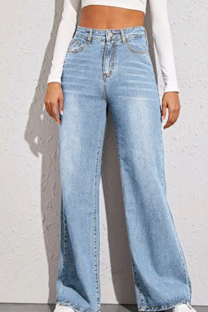 Sculpted palazzo jeans in dusty blue denim with a wide leg and high waist.
