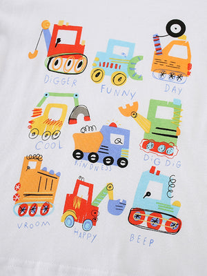 White cotton toddler tee with colorful cartoon construction vehicles and playful words.