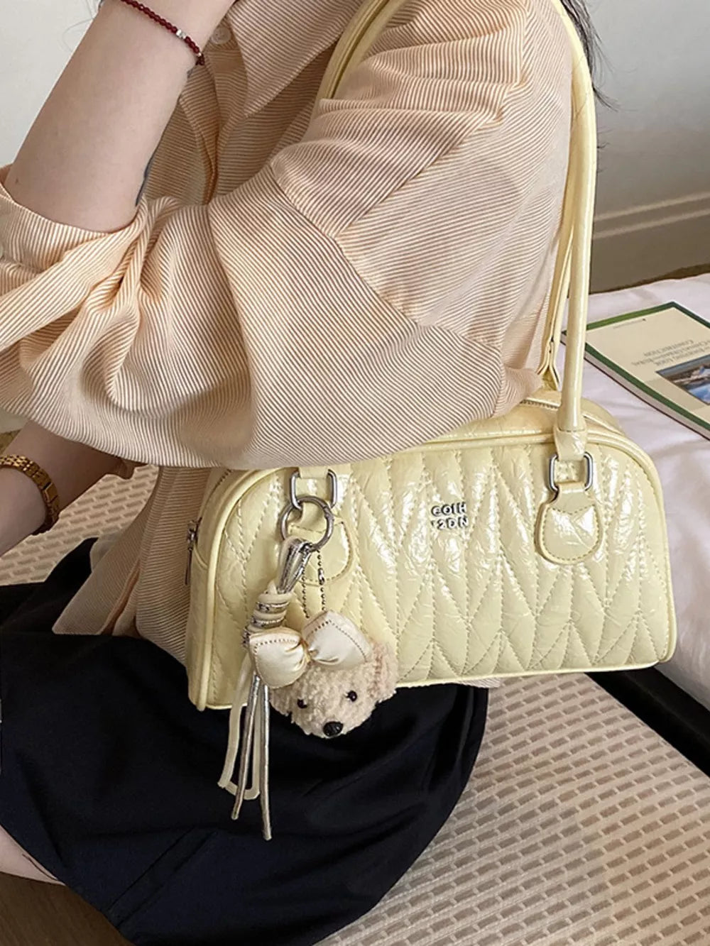 Quilted Zip Shoulder Bag in Yellow, close-up detail