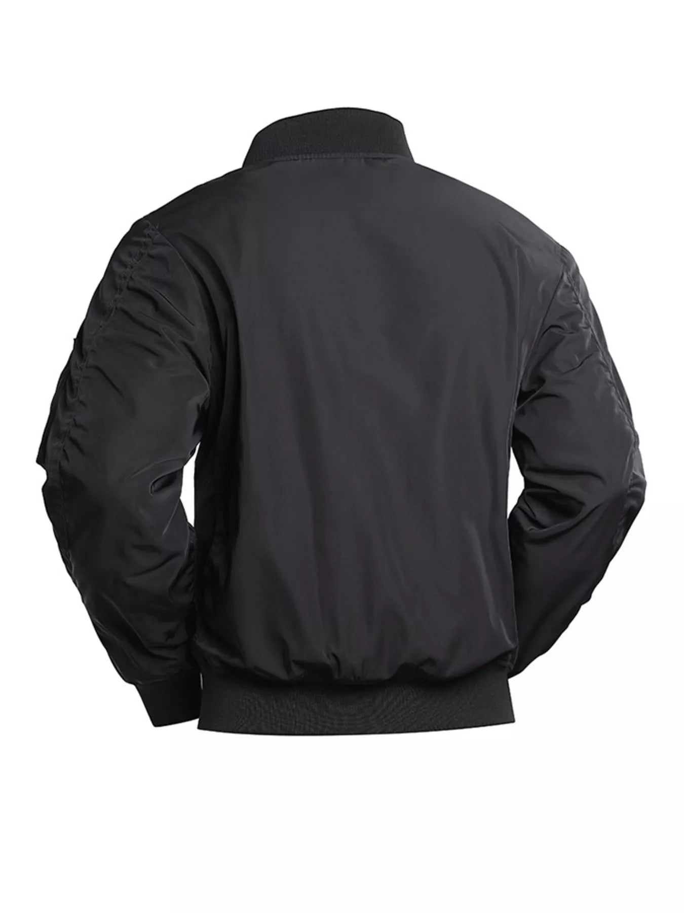 Black utility zip-up jacket with ribbed collar, cuffs, and hem.