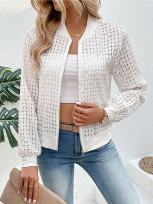 White textured mesh bomber jacket with a checkered pattern and ribbed cuffs.