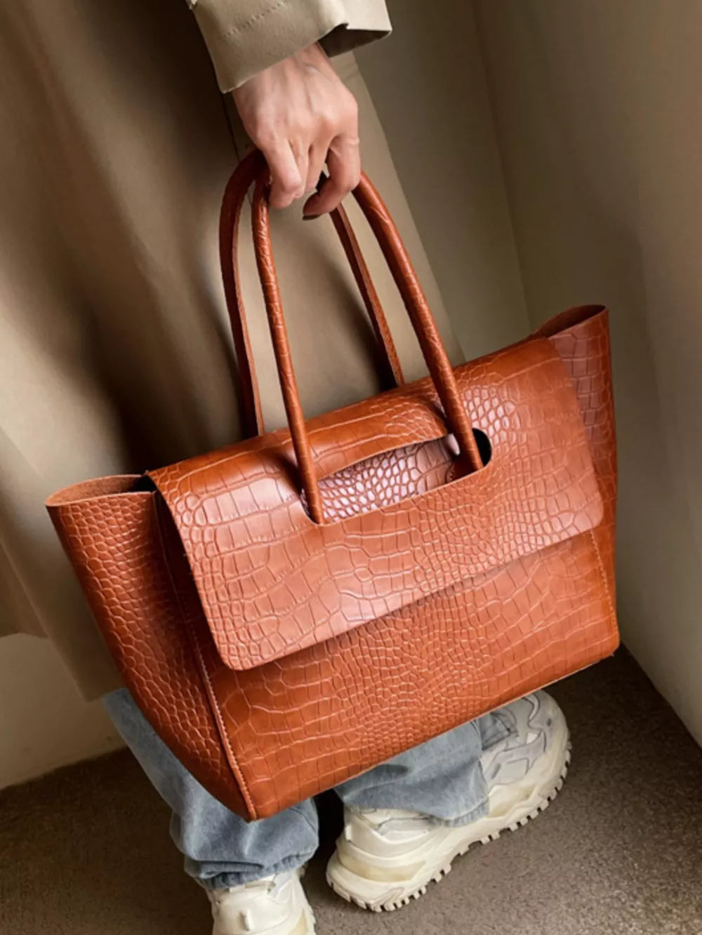 Crocodile-embossed Shoulder Bag in Brown, model styling view