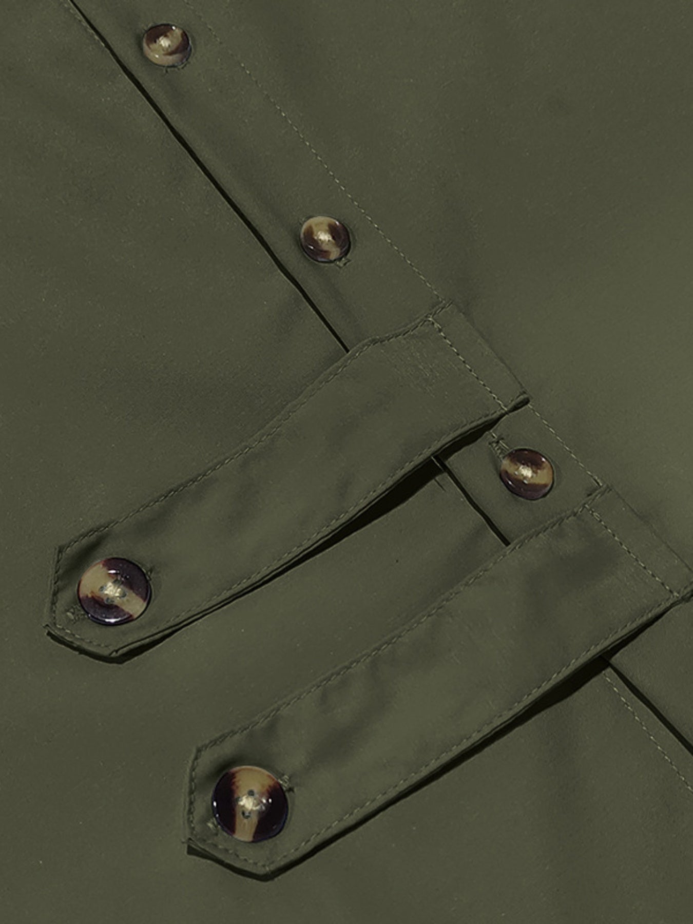 Men's military green cotton long-sleeve shirt with button details and chest pockets.