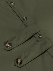 Men's military green cotton long-sleeve shirt with button details and chest pockets.