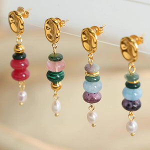 18K gold-plated stacked gemstone and pearl dangle earrings in red, green, and blue.