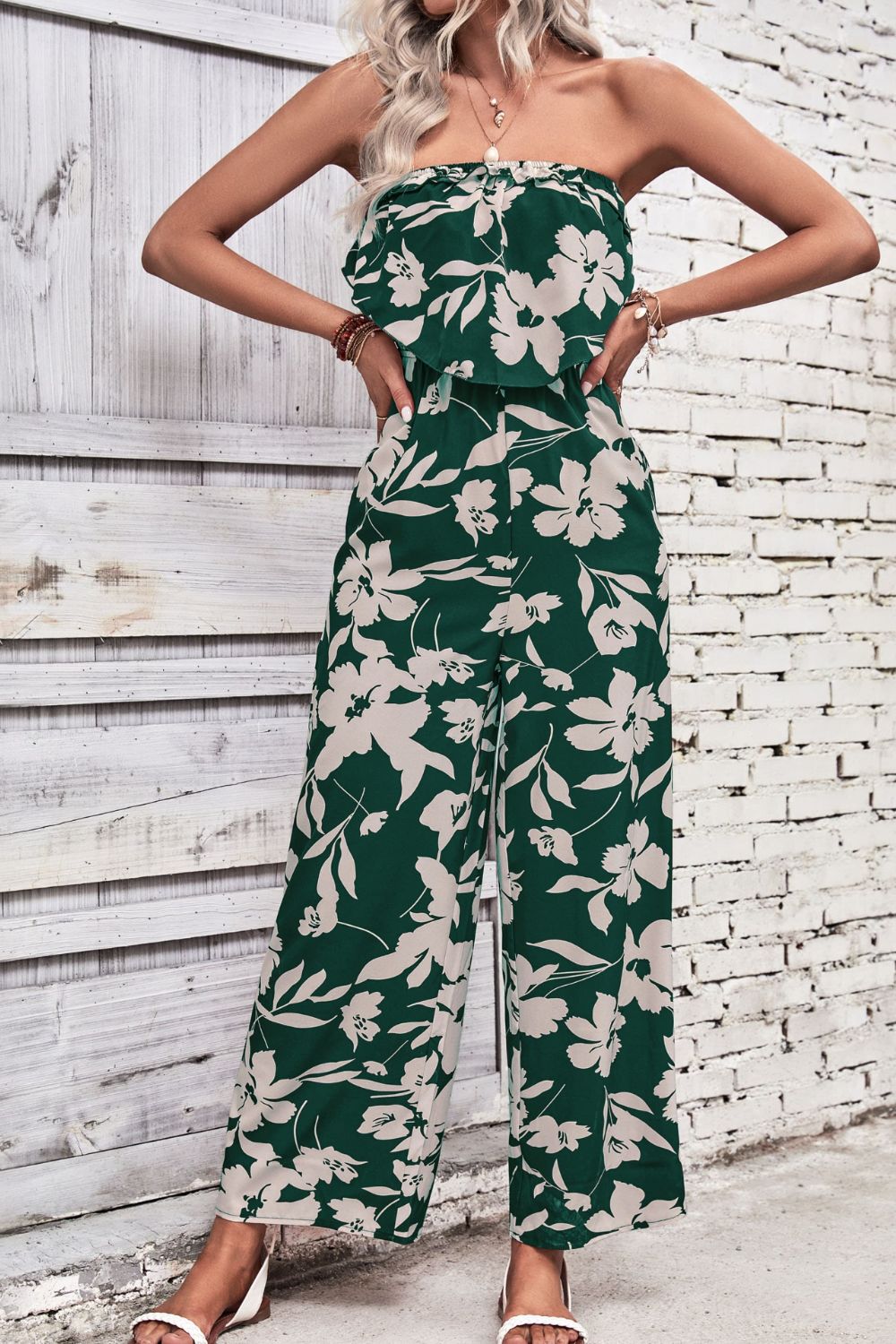 Dark green floral ruffle bandeau palazzo jumpsuit with wide legs