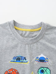 Grey cotton t-shirt with colorful camping tent graphic and yellow neck trim.