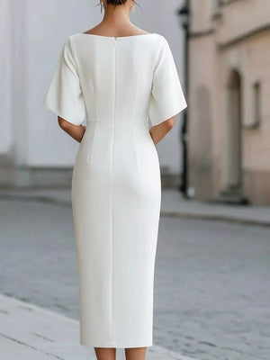 Half Sleeve Boat Neck Midi Dress in Red, model styling view