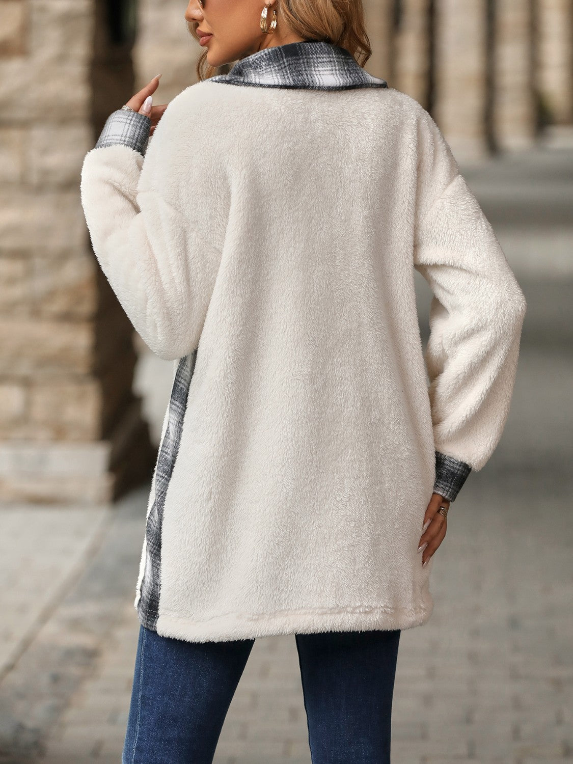 Cream teddy shacket with plaid collar and cuffs, casual long sleeve outerwear.