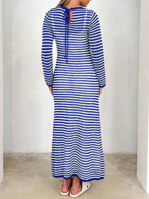 Blue and white striped maxi sweater dress with back tie detail.