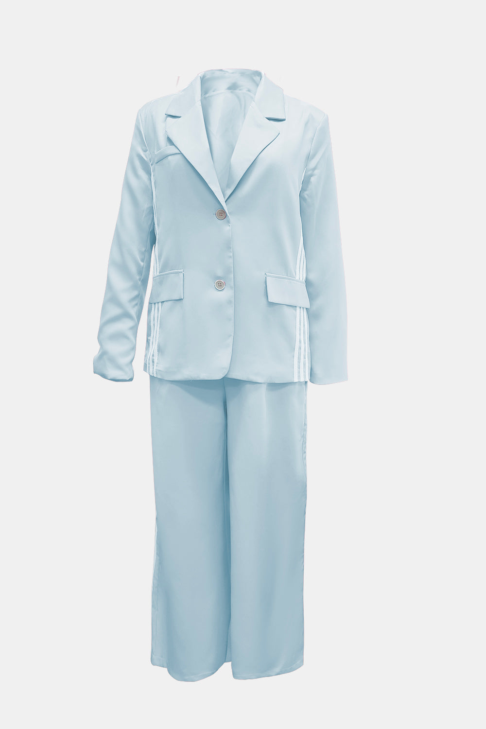 Mint blue track stripe suit with a blazer and wide-leg pants.