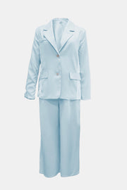 Mint blue track stripe suit with a blazer and wide-leg pants.