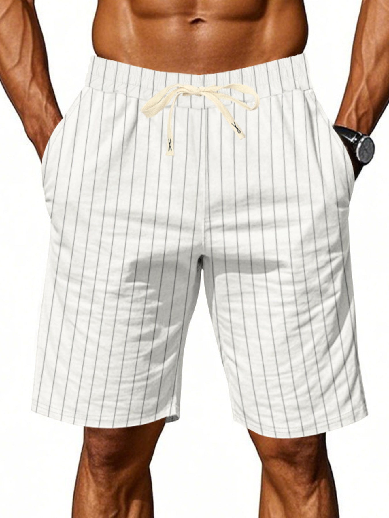 Men's gray and white striped chino shorts with drawstring waist and pockets.