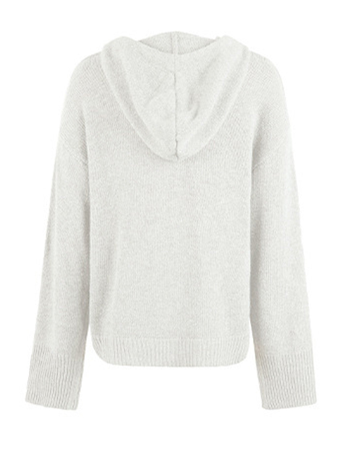 Relaxed knit hooded button-down cardigan in light gray with ribbed cuffs and hem.