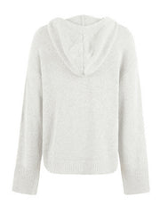 Relaxed knit hooded button-down cardigan in light gray with ribbed cuffs and hem.