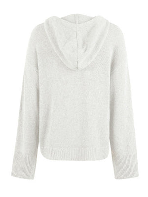Relaxed knit hooded button-down cardigan in light gray with ribbed cuffs and hem.