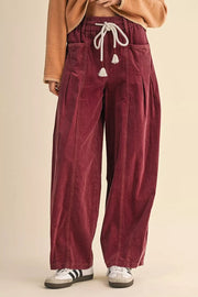 Elastic Waist Drawstring Corduroy Casual Pants in Burgundy, front view