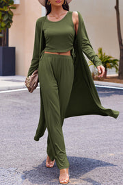 Army green ribbed knit duster, tank top, and lounge pants set with drawstring details.