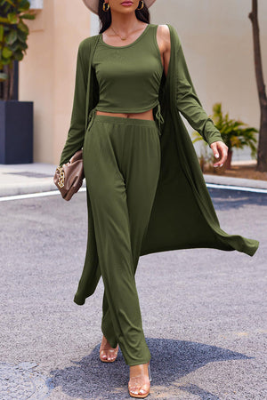 Army green ribbed knit duster, tank top, and lounge pants set with drawstring details.
