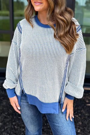Contrast Stitching Slit Sweatshirt in light blue with a textured pattern and crew neck.