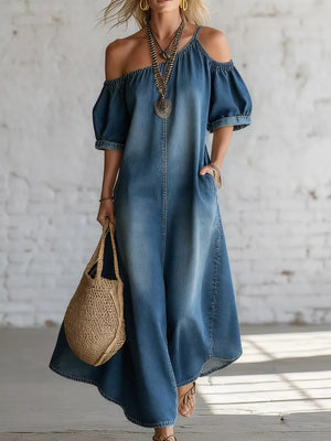 Asymmetrical Neck Denim Maxi Dress With Pockets in Light Blue, front view