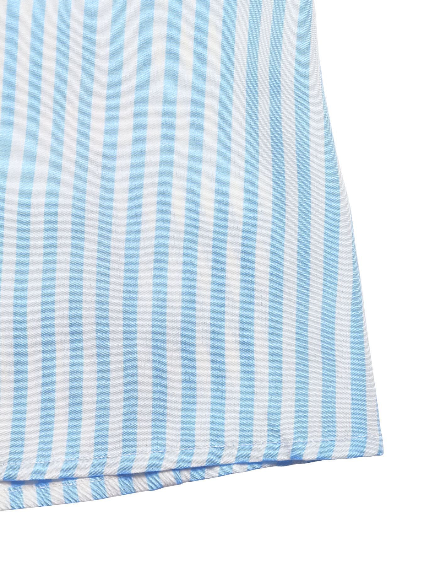 Blue and white striped maxi dress detail, featuring a halter neckline and deep V.