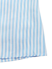 Blue and white striped maxi dress detail, featuring a halter neckline and deep V.