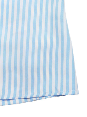 Blue and white striped maxi dress detail, featuring a halter neckline and deep V.