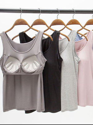 Gray built-in support tank top with padded cups, shown with other colors.