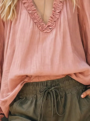 Frill V-neck Long Sleeve Blouse in White, back view