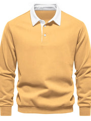 Gold long sleeve rugby sweatshirt with white collar and two button placket.
