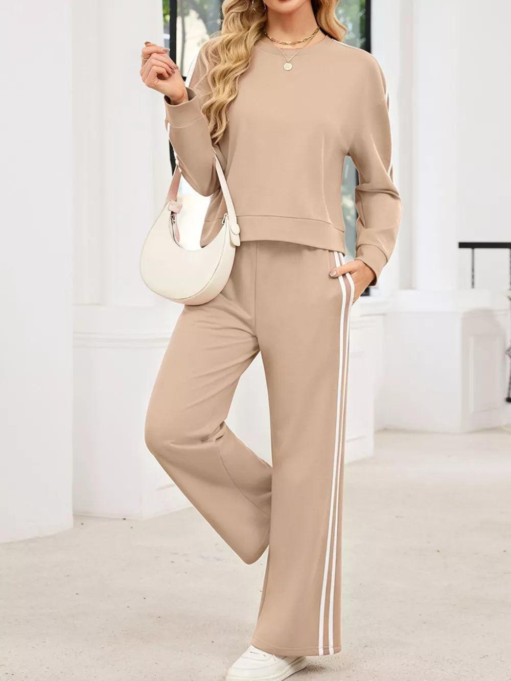 Striped Round Neck Sweatshirt And Pants Set in Black, front view