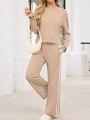 Striped Round Neck Sweatshirt And Pants Set in Black, front view
