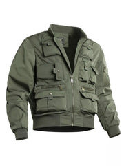 Men's moss utility zip-up jacket with multiple cargo pockets and bomber style cuffs.