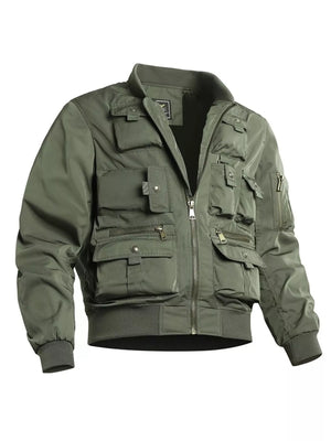 Men's moss utility zip-up jacket with multiple cargo pockets and bomber style cuffs.