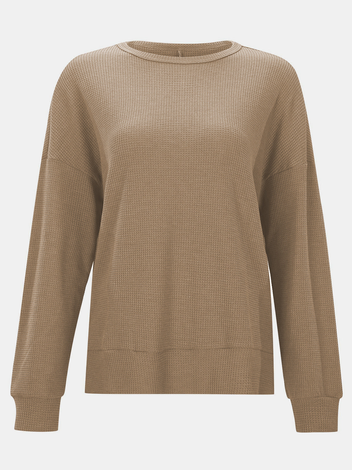 Tan waffle knit crewneck relaxed fit long sleeve top
