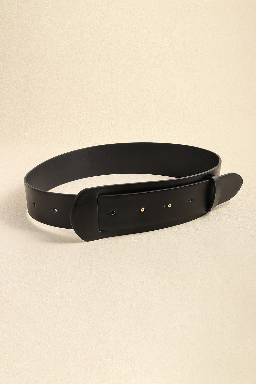 Black leather waist belt with a wide, sculpted design and adjustable buckle closure.