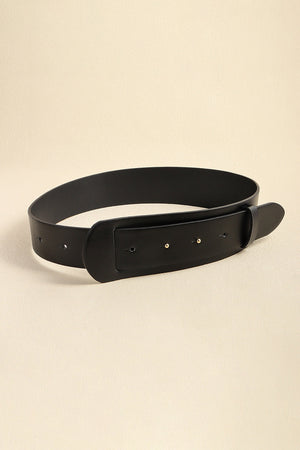 Black leather waist belt with a wide, sculpted design and adjustable buckle closure.