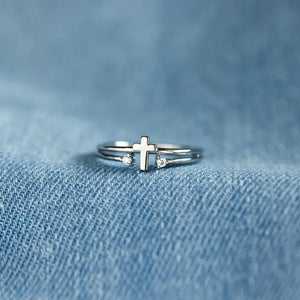 Double band cross ring in silver with crystals, 925 sterling silver, adjustable