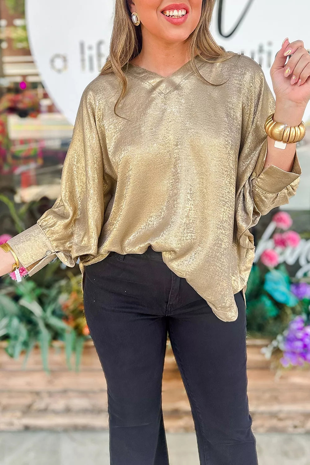 Metallic V Neck Button Cuffed Dolman Blouse in Gold, side view