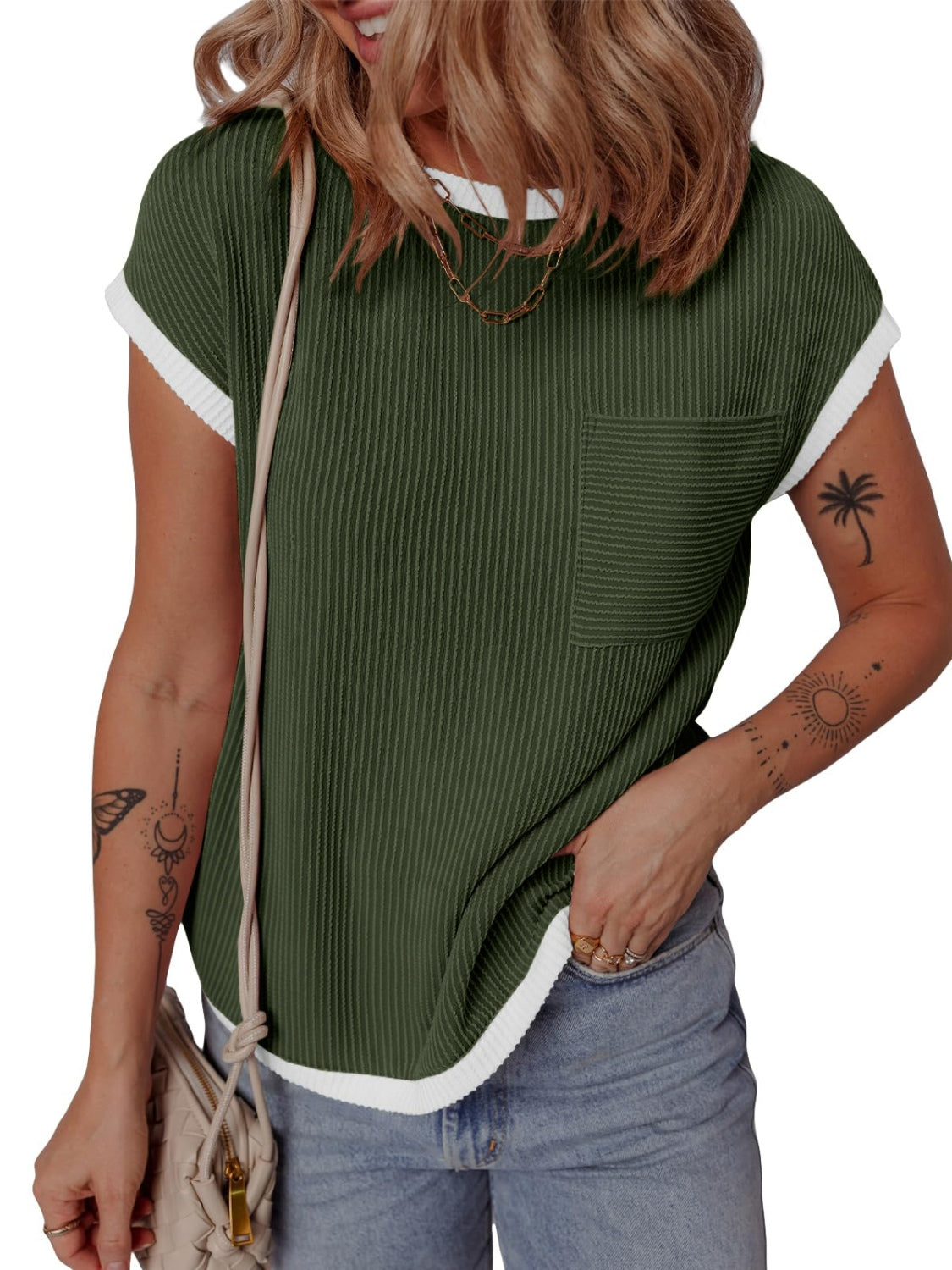 Army green ribbed knit tee with white contrast piping and chest pocket