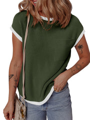 Army green ribbed knit tee with white contrast piping and chest pocket