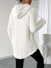 White textured drawstring fleece hoodie with cable knit pattern and hood.