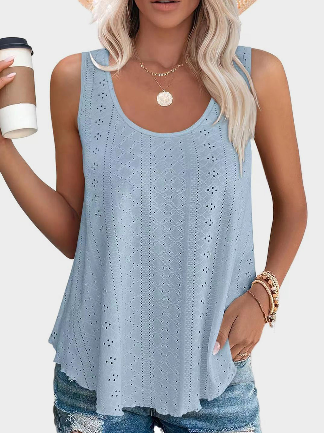 Light blue eyelet scoop-neck trapeze tank top with a breathable, casual fit.