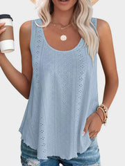 Light blue eyelet scoop-neck trapeze tank top with a breathable, casual fit.