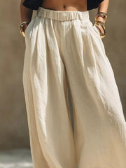 Full Size Elastic Waistband Wide Leg Pants in Beige, close-up detail