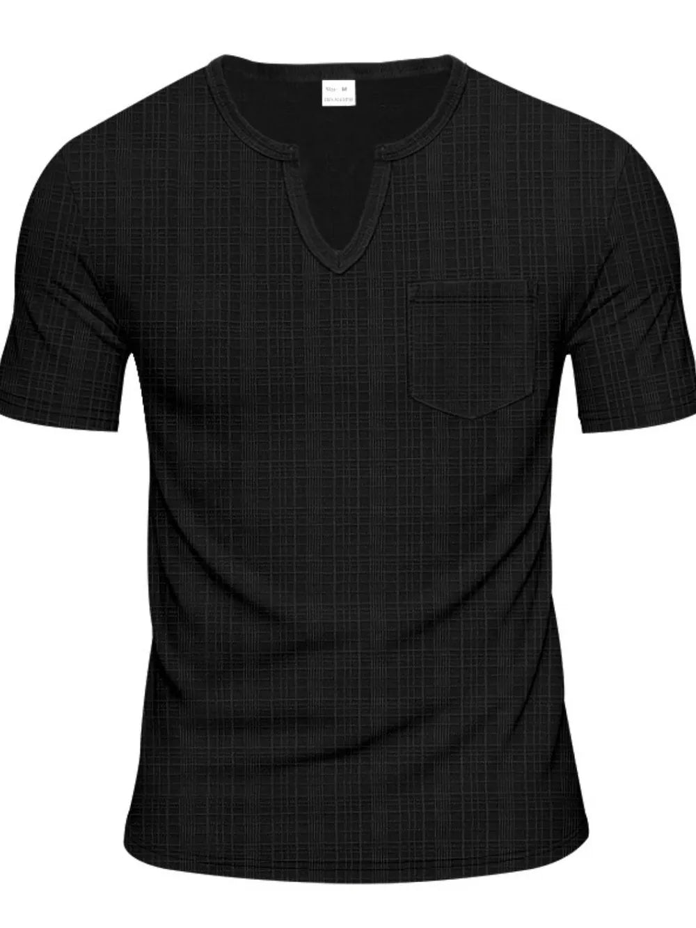 Black textured notch neck tee with short sleeves and a chest pocket.