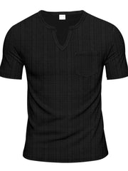 Black textured notch neck tee with short sleeves and a chest pocket.